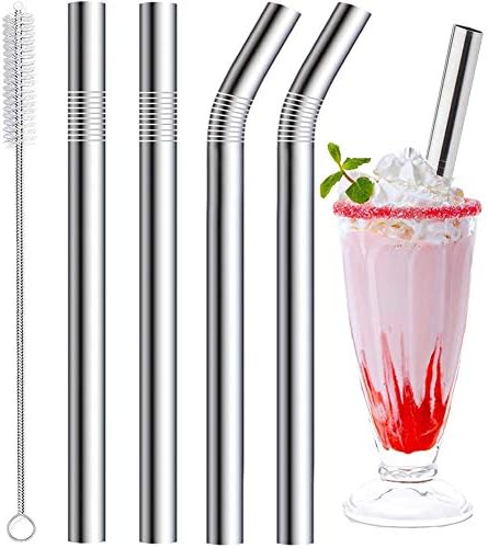Vinaco Stainless Steel Smoothie Straws, 0.4'' Extra Wide Reusable Metal Drinking Straws for Milkshake, Smoothie, Beverage, Set of 4 with 1 Cleanin...