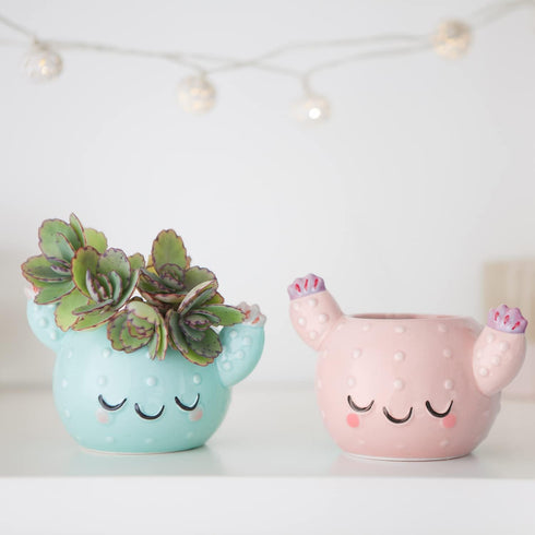 Smiley Cactus Ceramic Planter, 3 x 4 x 4 in., Exclusive Ceramic Planters for Indoor and Outdoors, Cute Hand Painted Designed in Argentina, Conveni...