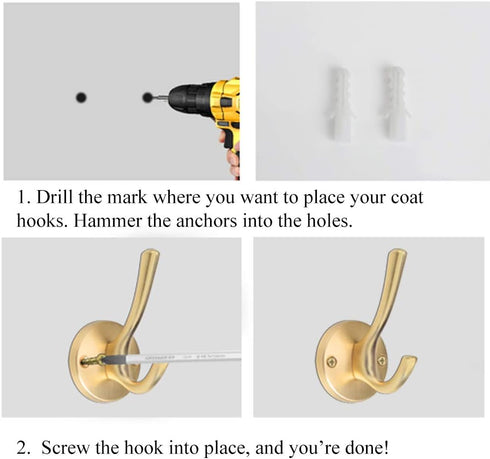 ZUONAI Gold Coat Hooks 2 Pack Heavy Duty Brushed Towel Hooks Screws Solid Brass Wall Gold Hooks for Hanging Coats, Hats, Jacket, Clothing and Keys...