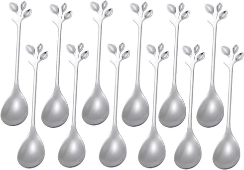12 Pieces Stainless Steel Leaf Shape Mini Dessert Spoons Set, 4.7" Home Kitchen Tableware Demitasse Espresso Coffee Cake Creative Stirring Mixing ...