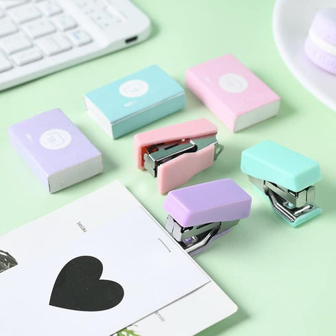 Pink Mini Stapler with Staples Portable Binding Machine Morandi Color Metal Stapler Set with Staples Student Stationery Office Supplies, Manual St...