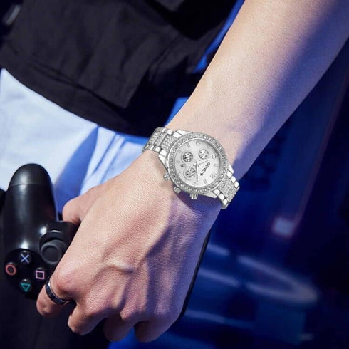 FANMIS Luxury Unisex Pave Floating Crystal Diamonds Calendar Digital Quartz Watch Business Dress Watch Luminous Pointer with Stainless Steel Link ...