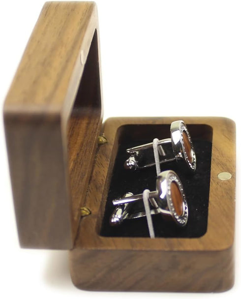 Rustic Black Walnut Wooden Round Cufflinks Tie Clips With Organizer Box for Men...
