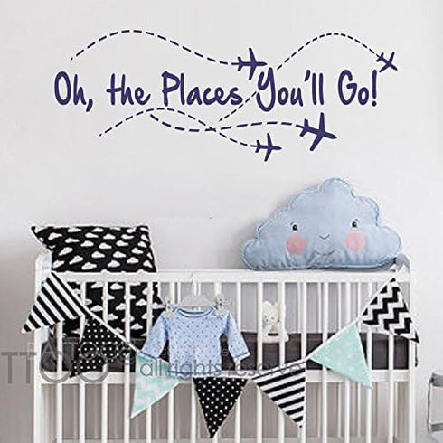 BATTOO Airplane Wall Decal - Oh The Places You'll Go - Pilot Quote - Boy & Girl Decor (Navy Blue, 22" W x 8.5" H)...