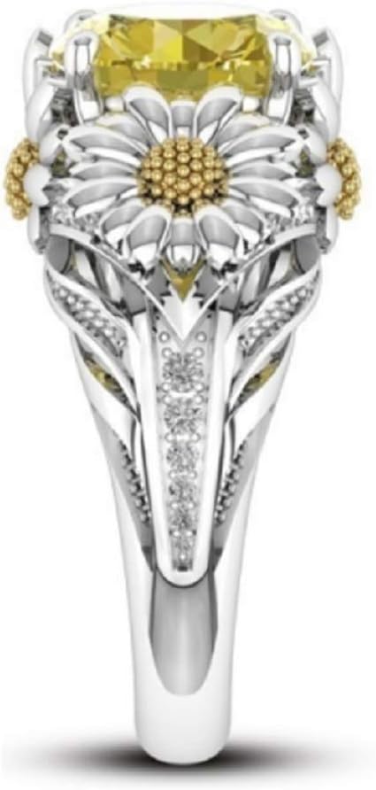 Lzz Fashion Lady 925 Sterling Silver Ring 3.5ct Citrine Daisy Ring Cubic Zirconia Sunflower Flower Wedding Ring Size 6-10 (US Code 6)...