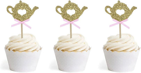 24 PCS Golden Glitter Teapot Cake Cupcake Toppers Picks for Tea Party Baby Shower Wedding Birthday Decorations...