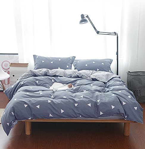 3 Pieces Duvet Cover Set Blue Gray with White Triangles - Ultra Soft and Easy Care Design Summer Bedding Duvet Cover Queen Size 90x90+ 2 Pillow Sh...