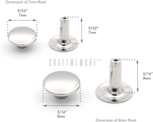 CRAFTMEMORE 200 Pack Leather Rivets Single Cap Rapid Rivet Metal Stud Fasteners Round Cap for Bag Belt Wallet Leather Craftt (Silver, 7MM)...