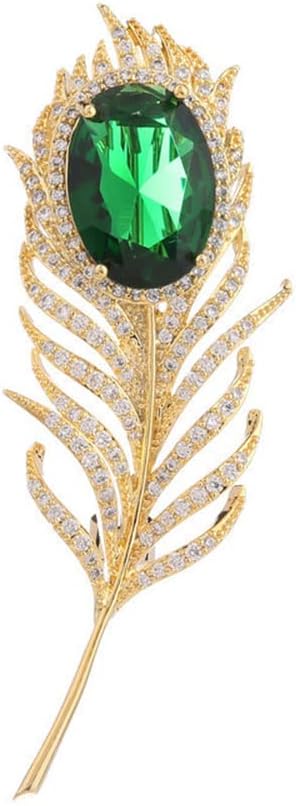 14K Gold Plated Feather Brooch Pin for Women Men With Simulated Emerald Cubic Zirconia Rhinestone Lapel Suit Badges Brooches Pins Fashion Delicate...