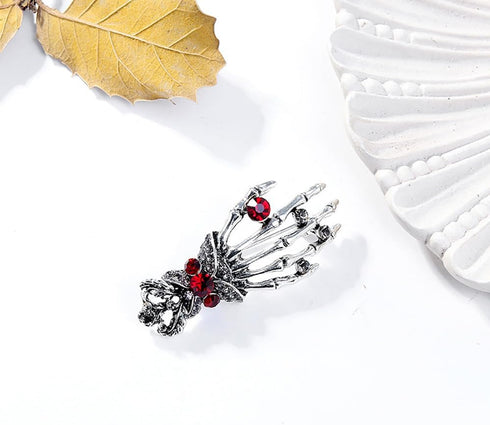 Vintage Skeleton Hand Lapel Brooch Pin for Women Men Girls Rhinestone Red Crystal Skull Halloween Pins Clip Sweater Dress Suit Backpack Brooches P...