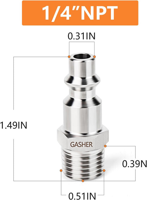 GASHER 5PCS Industrial Air Plug, 304 Stainless Steel 1/4"NPT Male, 1/4" High Flow Pneumatic Plugs...