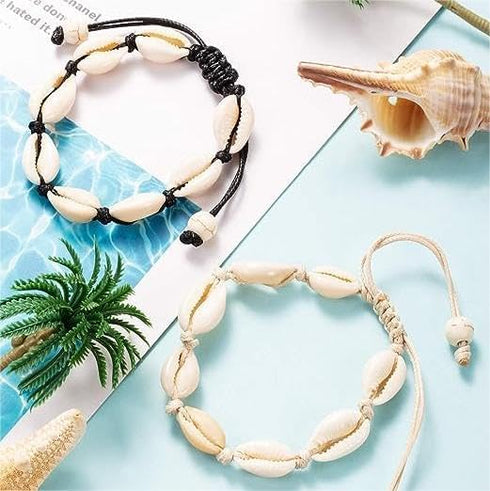 4 Pack Adjustable Shell Bracelets Anklets Set Natural Cowrie Shell Beads Puka Seashells Ankle Jewelry for Men Women Valentine's Day Gifts...