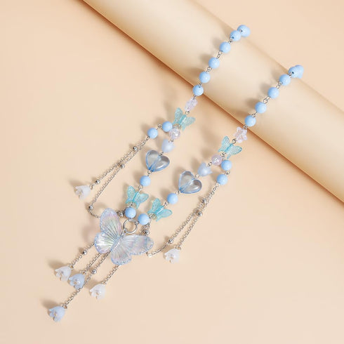 Beaded Butterfly Choker Beads Tassel Pendant Necklace Butterfly Pearl Niche Necklace Collarbone Chain Heart Tassel Adjustable Necklace Jewelry for...