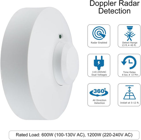 YCA2002 Ceiling Motion Sensor, 5.8 GHz Microwave Motion Detector Light Switch, Rated 800-1200W, Ceiling Mount Motion Detector, 32-ft Range, White...