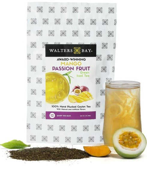 Walters Bay Mango Passion Fruit Green Iced Tea, 12 Quart Sized Tea Bags, Ceylon Tea, Unsweetened, Tropical Mango Passion Fruit Flavored, 100% Hand...