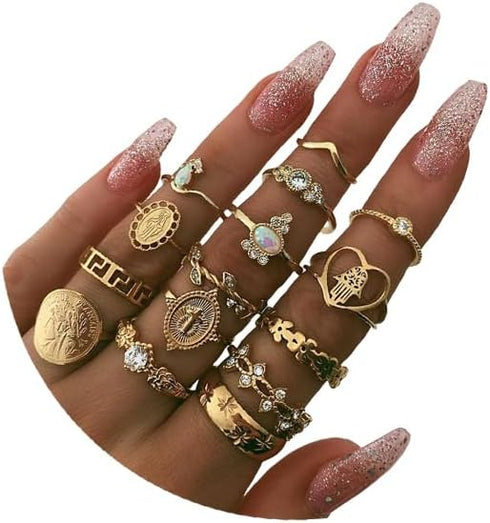 Gold Knuckle Stacking Rings for Women Stackable Joint Finger Statement Rings Set Boho Vintage Midi Rings Y2k Moon Star Snake Butterfly Pearl Top F...