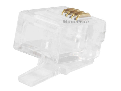 Monoprice 6P4C RJ11 Modular Plugs - For Flat Solid/Stranded Cable, 1u, 2 Prongs, 50 Pack, Clear...