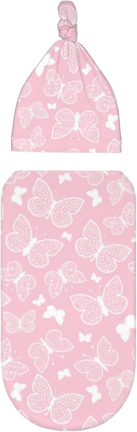 Pink Butterfly Butterflies Newborn Swaddle Blanket Baby Swaddle Blankets Wrap Blanket Soft Stretchy Sack with Beanie Hat Sets Gift for Infant Boy ...
