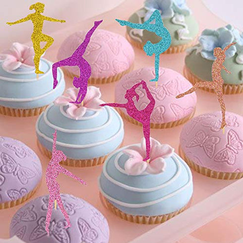Gymnastics Cupcake Topper Gymnast Themed Cake Food Fruit Dessert Appetizer Picks Girl Birthday Party Supplies Colorful Glitter Decorations Set of ...