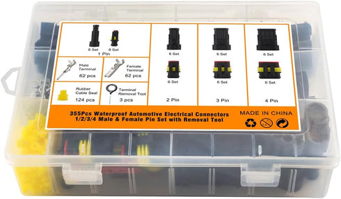 355Pcs 26 Sets Waterproof Automotive Wire Connectors - 1/2/3/4 Pin Connectors Male and Female for Cars Motorcycles & Boats - 22-16 AWG...