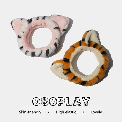 2 PCS Women Animal Ear Tiger Print Fuzzy Hairband Makeup Headband Elastic Stretch Head Wrap for Skincare Spa...