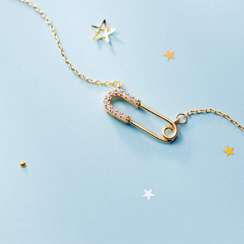 Crystal Paperclip Safety Pin Pendant Choker Necklace for Women Girls 925 Sterling Silver 14K Gold Plated Dainty CZ Diamond Clip Drop Adjustable Ch...