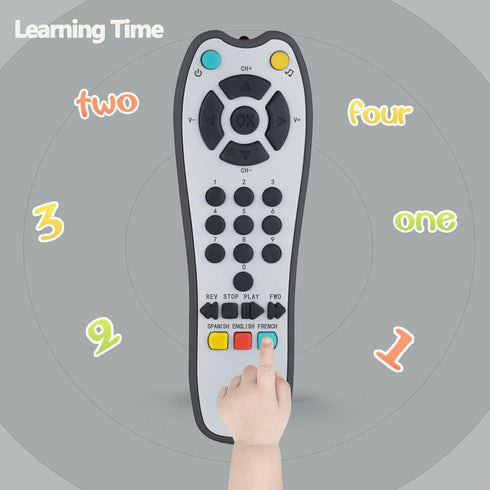 Kids Musical TV Remote Control Toy with Soft Light and Sound, Adjustable Volume Early Education Learning Remote Toy with English,French,Spanish Gi...