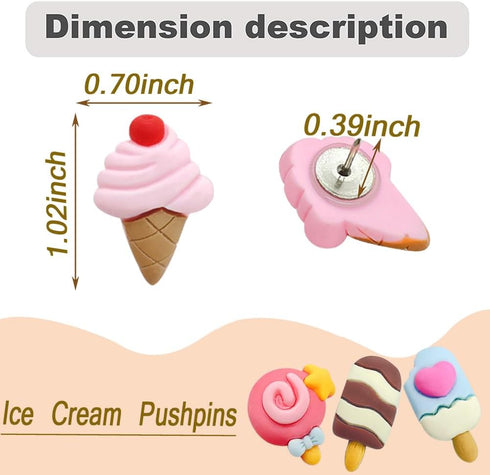 25 pcs Ice Cream Push Pins Cute Decorative Thumbtacks Resin Drawing Pin Cork Board Thumbtacks for Bulletin Board Photos Wall Pins Home Office Supp...
