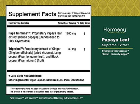 Harmony Nutraceuticals Papaya Leaf Supreme Extract Highest Potency Maximum Bioactivity Organic Dr. Gumman's Clinical Grade 120 Vegan Capsules Syne...