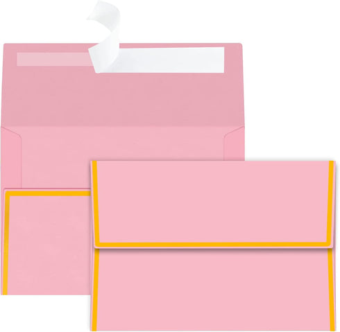 YINUOYOUJIA 46 Packs of 5x7 Envelopes Square Flap with Gold Trim, Pink A7 Luxury Envelopes for Invitation Self Seal, Ideal for RSVP, Cards, Weddin...