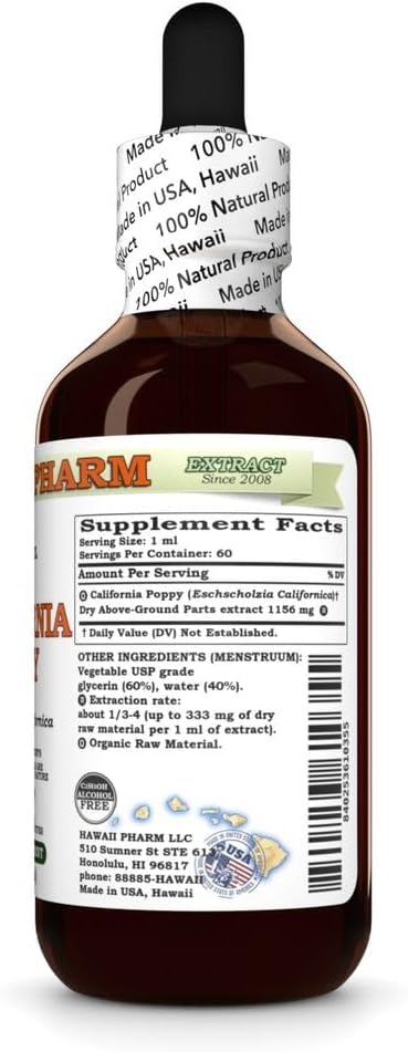 HawaiiPharm California Poppy Alcohol-Free Liquid Extract, Nervous System Calming and Support. Glycerite 2 fl.oz...