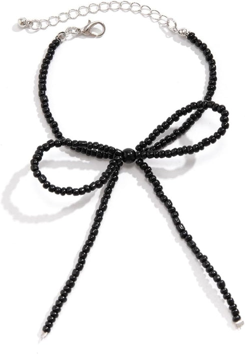 Sweet Cool Bow Earrings Bracelet Necklace Imitation Pearl Seed Beaded Bow Knot Collar Tie Necklace Simple Gothic Jewelry Set for Women and Girls...