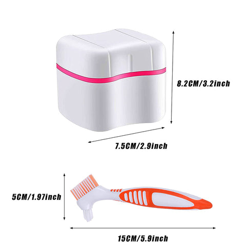 Denture Cleaner Box and Brush Set - 2 Pack Denture Bath Case with Basket + 2 Pack Denture Brush, Portable Denture Retainer Storage Box, False Teet...