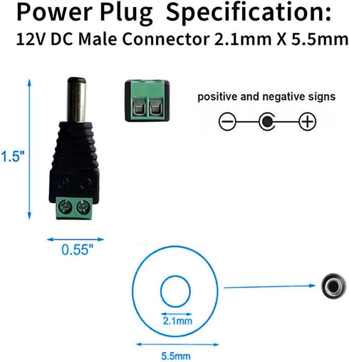 10 Pairs 12V 5A DC Power Plug Connectors (5.5mm x 2.1mm) – Includes 10 Male & 10 Female Jacks for LED Strips, CCTV Cameras, Security Systems & Mor...
