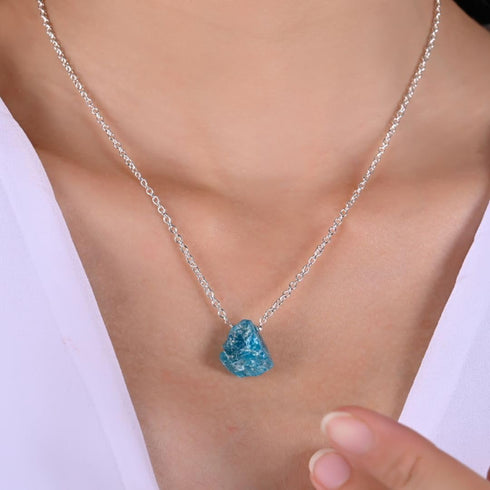 Gempires Raw Neon Apatite Pendant Necklace, Blue Apatite Crystal 10-20 mm, Raw Crystal Jewelry, 18 inches Silver Plated Adjustable Chain...