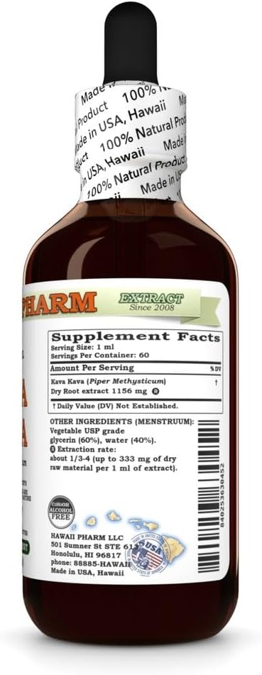 Hawaii Pharm Kava Kava Alcohol-Free Liquid Extract, Kava Kava (Piper Methysticum) Dried Root Glycerite Natural Herbal Supplement 2 oz...