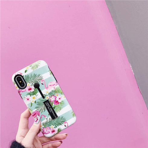 Compatible with iPhone XR Case Finger Grip,3D Embossed Pink Flowers Gray Shell Design, Rugged Shockproof Slim Fit Dual Layer Finger Ring Loop Stra...