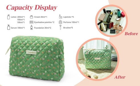 Makeup Bag, Quilted Cosmetic Bag, Cute Flora Makeup Bag, Large Aesthetic Travel Organizer for Travel Essentials, Diapers, Electric Accessories and...