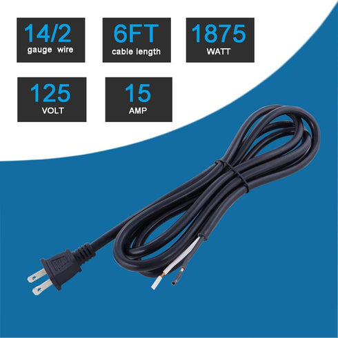 Power Cord Replacement 2 Prong 14AWG SJT Heavy Duty Power Supply Polarized Plug 14 Gauge 6 Foot Pigtail 2 Wires AC Cable Open End 15 Amp 1875W...