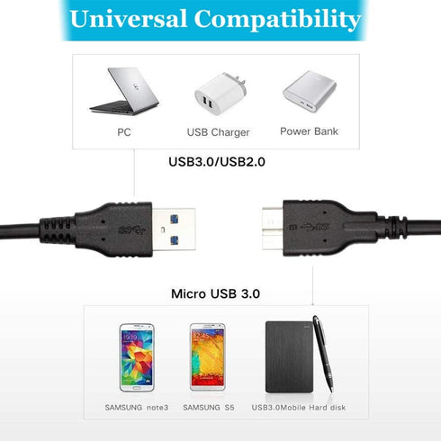 Micro USB 3.0 Cable (2 Pack), 1ft USB 3.0 A to Micro B Cable Cord Compatible with Camera, Seagate External Hard Drive, WD Western Digital My Passp...