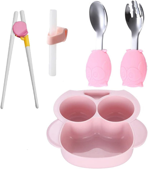 Owl Toddler Flatware Kid Fork and Spoon Set, Baby Spoons Self Feeding Baby (pink)...