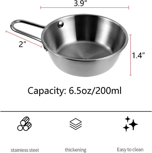 2Pcs Makgeolli Bowls, 304 Stainless Steel Korean Traditional Bowls Round Rice Bowl Wine Cup with Handle, Hiking Soup Dish Food Bowl Camp Cup (Smal...