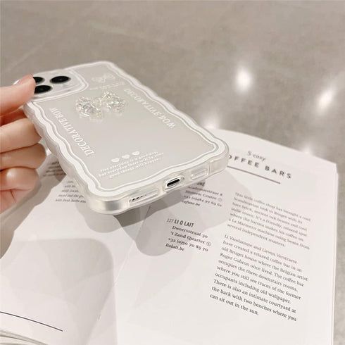 Casechics Compatible with iPhone Case,Cute 3D Crystal Bow Tie Bowknot Curly Wave Shape with Heart Wristband Strap Bracelet Chain Transparent Soft ...