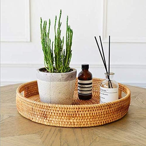YANGQIHOME Rattan Round Serving Tray, Decorative Coffee Table Tray, Hand Woven Serving Basket with Handles, Ottoman Wicker Fruit/Bread Serving Bas...