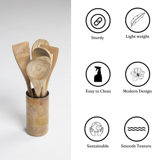 The Art Box Wooden Cooking Spoon Utensils Set of 5 - Kitchen Serving Tools Non-Stick Cookware 12 Inch Wooden Fork, Corner Spoon, Slotted Turner, S...