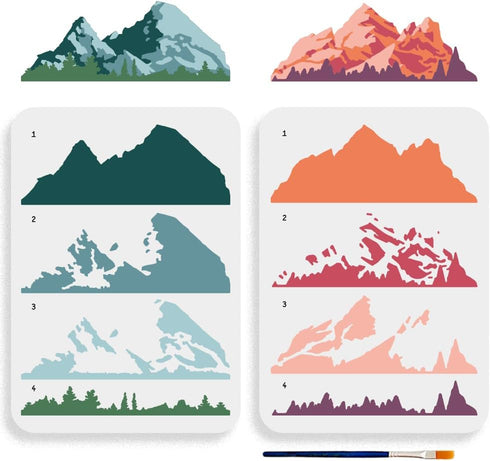 2pcs Layered Mountain Stencil 11.7×8.3inch Large Nature Mountain Forest Stencil Template with Paint Brush Reusable Tree Drawing Templates for Craf...