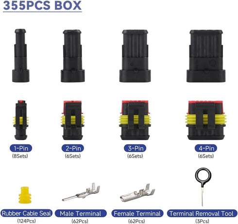 26 Sets 355Pcs Automotive Waterproof Wire Connectors - Male/Female 1/2/3/4 Pin - for Cars, Motorcycles & Boats - 22-16 AWG...