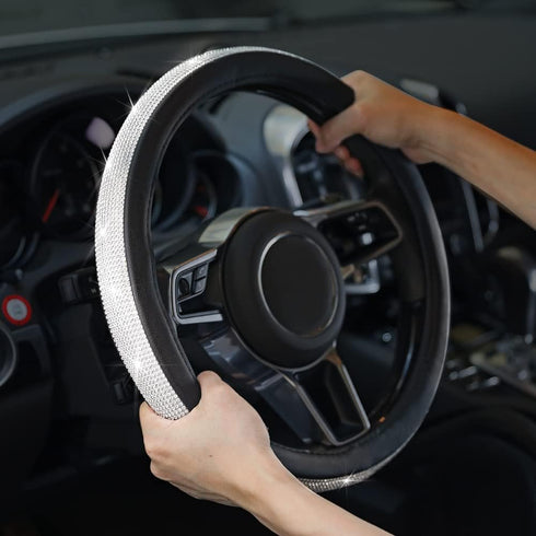 Diamond Leather Steering Wheel Cover, Bling Crystal Rhinestones Steering Wheel Cover, Universal Fits 15 Inch Car Wheel Protector for Girls Women (...