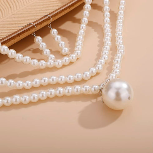 Multilayer Long Imitation Pearl Statement Necklace with Pearl Pendant and Earrings Set Vintage Costume Jewelry for Women Girls...