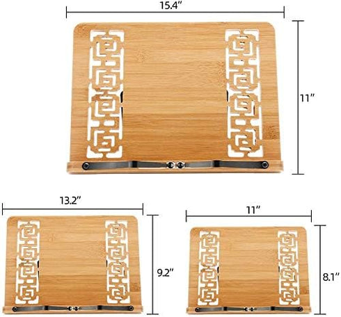 XL Large Size Bamboo Book Stand Cookbook Holder Reading Desk Bookrest with 5 Adjustable Height, Foldable Tray and Page Paper Clip Portable Sturdy ...